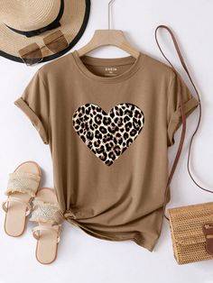 Plus Size Women's Heart Leopard Print Round Neck Short Sleeve T-Shirt Mocha Brown Casual  Short Sleeve Fabric Heart,Leopard Print  Slight Stretch Summer Women Plus Clothing, size features are:Bust: ,Length: ,Sleeve Length: Heart Leopard Print, Heart Leopard, Fabric Heart, Cute Preppy Outfits, Mocha Brown, Halter Tops, Really Cute Outfits, Preppy Outfits, Casual Girl