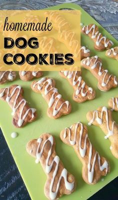 homemade dog cookies with icing on a green tray