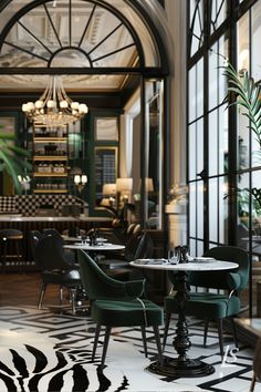 the interior of a restaurant with tables, chairs and chandeliers on display in front of glass windows