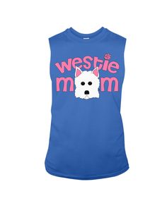 the westie mom tank top is blue with pink lettering and a white dog's face