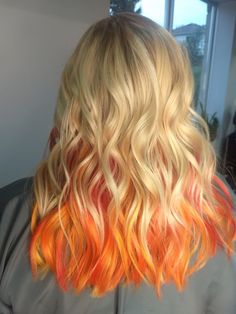 Pink And Yellow Peekaboo Hair, Blonde Sunset Hair, Orange And Yellow Highlights, Red Orange Yellow Peekaboo Hair, Blonde With Orange Underneath, Blond With Colored Tips, Orange With Blonde Hair, Blonde Hair With Orange Underneath, Blonde Hair With Orange Tips