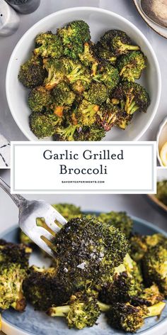 garlic grilled broccoli in a bowl with a fork