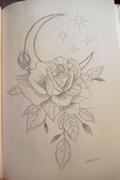 a drawing of a rose with a crescent moon on it's side and leaves