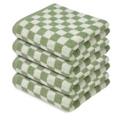 four green and white checkered towels stacked on top of each other