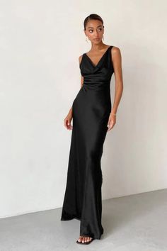 Black Backless Ice-Silk Dress Dresses For Formal Events, Black Collared Dress, Satin Formal Dress, Ice Dresses, Autumn Dress, Party Dress Long, Women Long Dresses, Evening Dresses Long, Dress Long