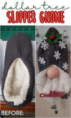 an image of slipper gnomes made out of fleece and felt with text overlay that reads, holiday tree slipper gnome