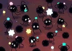 many black and white stars are in the shape of small monsters with eyes, arms and legs