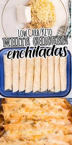 low carb keto enchiladas in a blue casserole dish