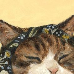 a painting of a cat wearing a bandana on it's head with its eyes closed