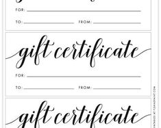 three gift certificates with handwritten lettering on the front and back of each one