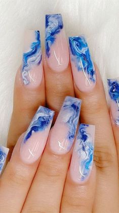 Blue Acrilyc Nails Design, Full Colored Nails, Marble Nails Summer Vibes, Horrible Acrylic Nails, All Nail Designs, Colorful Marble Nails Acrylic, Outgoing Nails, Acrylic Nail Inspo Medium Length Square, Blue Marble French Tip Nails