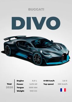 the bugatti divo is shown in blue and black, with its top speed up