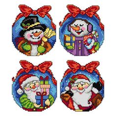 four cross stitch christmas ornaments with santa and snowman