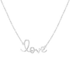 a silver necklace with the word love in cursive font on it's chain