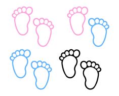 four different colored footprints on a white background