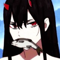 an anime character with long black hair and red eyes holding a knife in her hand