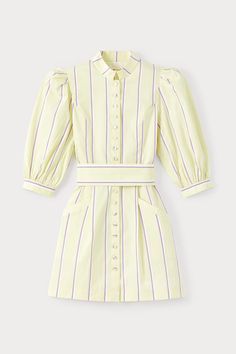 AMOAKO-DRESS SHORT SOFT STRIPE PALE YELLOW & LILAC Cinched Waist Dress, Yellow Lilac, Beautiful Color Combinations, Yellow Stripes, Pale Yellow, Mini Dress With Sleeves, Knit Jacket, Cinched Waist, High Collar