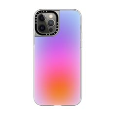 the back of an iphone case with a pink and blue hued design on it