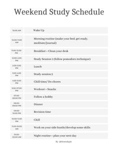 a table with the words weekend study schedule on it