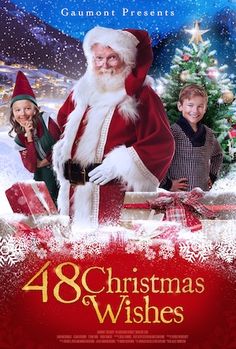 the poster for christmas wishes with santa claus and two girls standing in front of it