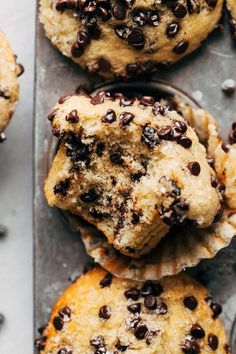 chocolate chip muffins on a baking sheet