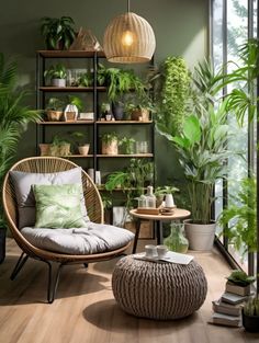 a living room filled with lots of green plants