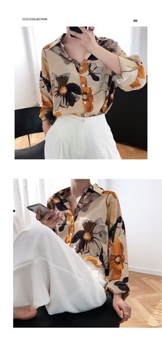 Oil painting printed light sunscreen chiffon shirt Paint Print, Chiffon Shirt, Floral Chiffon, Sunscreen, Sleeve Styles, Printing On Fabric, Shirt Blouses, Oil Painting, Chiffon