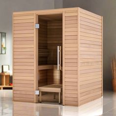 an indoor sauna with the door open