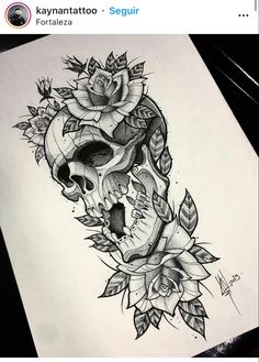 a drawing of a skull with roses on it