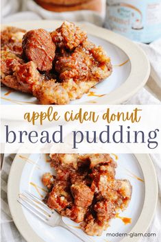 an apple cider donut bread pudding on a plate