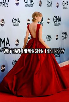 a woman in a red dress with the caption why have i never seen this dress?