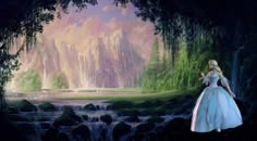 a painting of a girl in a blue dress looking out at a waterfall and forest