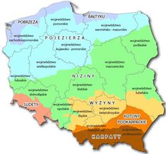 a map of poland with all the major cities and their respective towns in bright colors