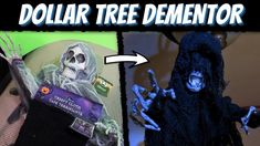 a fake skeleton is shown next to a dollar tree dementor with an arrow pointing at it