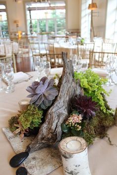 an arrangement of flowers and plants on a table at a wedding reception in the dining room