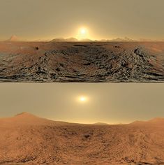 two views of the surface of mars, with mountains and deserts in the background