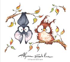 two owls sitting on top of a tree branch with leaves around them and the words algon sohne written below