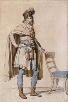 an illustration of a man in costume standing next to a chair