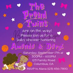 a baby shower party with teddy bears and basketballs on the purple background is shown