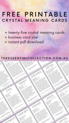 25 Crystal Meanings + Properties | Free Printable Cards | Printable Crystal Dictionary | Crystals for Beginners | The Essential Collection #printablecrystalmeanings Diy Zodiac Gifts, Crystal Meanings Charts, Crystal Meaning Cards, Crystals For Beginners, Best Healing Crystals, Crystal Information, Healing Crystals Meanings, Buisness Cards, Zodiac Cards