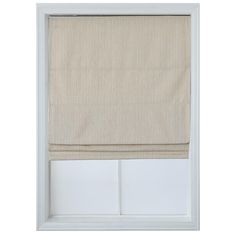 a white window with a beige roman blind in the front and side panels on the back