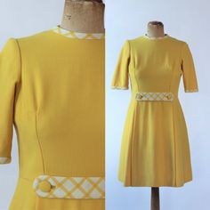 1960s Vintage Short Sleeve Yellow Mod Dress with 21 Fabric Buttons on the Back. Materials: No label, but think it's polyester  21 Fabric buttons on the back of the dress.  Fully lined No label. Estimated size M, EU 36-38, US 6-8, UK 10-12. Please check measurements taking flat: Arm pit to arm pit: 44 cm -  17,3 inches Waist: 37 cm  - 14,5 inches Length: 88 cm - 34,6 inches Very good vintage condition.  There are a few minor imperfections on the surface of the fabric   Follow us on Instagram @by_waltz https://www.instagram.com/by_waltz/ Yellow Fitted Mod Dress, Retro Fitted Dresses With Buttons, Retro A-line Vintage Dress For Work, Fitted Yellow 1950s Dresses, Fitted Mid-century Yellow Dress, Retro Yellow Dresses With Buttons, Mid-century Yellow Fitted Dress, Yellow Retro Dress For Formal Occasions, Retro Yellow Dress With Buttons