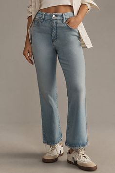 Denim, decoded: This fall, we’re digging denim in every corner of our closet, featuring a cropped bootcut style, gap-proof waistband, and an ultimate sculpting fit. | Legs Mid-Rise Cropped Mini Boot Jeans by Good American in Blue, Women's, Size: 2, Polyester/Tencel/Ecovero at Anthropologie Denim Blue Straight Fit Cropped Flare Jeans, Boot Jeans, Good American, Jeans And Boots, Mid Rise, Gap, Anthropologie, Top Brands, Size 2