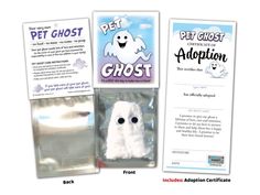 two small stuffed animals in plastic bags and one has a ghost on it's back