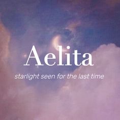 the words aelita are written in white on a blue sky background with clouds