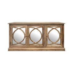 a wooden cabinet with three mirrors on it