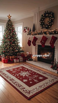 a living room with a christmas tree and presents on the floor in front of a fire place