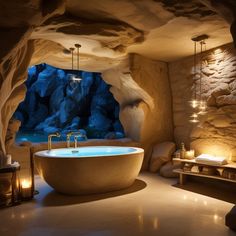 a large bath tub sitting inside of a cave