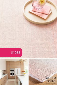 the pink rug is next to a white plate with a flower in it and an image of