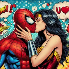 a woman kissing a spider man in front of her